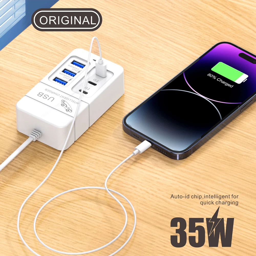 35W Type C USB Plug 6 Ports Power Strip Charger Station USB Splitter Fast Charger Phone Charging Plug For iPhone Xiaomi Samsung