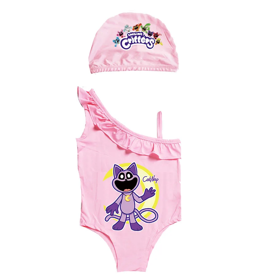 Bañador de una pieza para niños y niñas, traje de baño de dibujos animados, con estampado de Critters sonrientes, bonito gorro de baño para playa