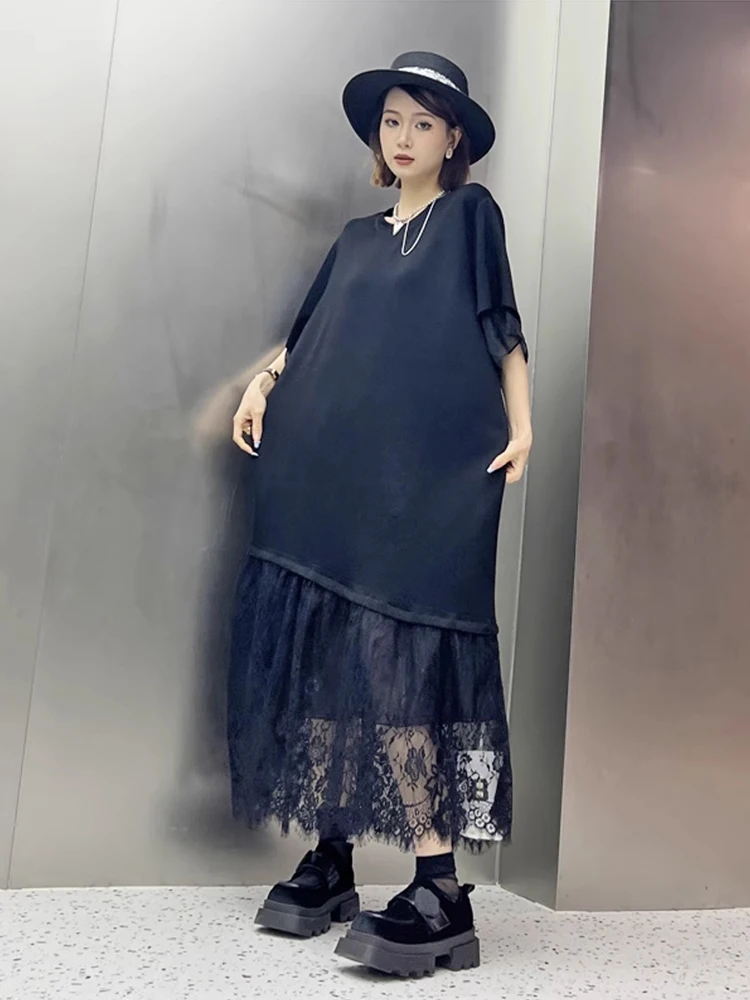 XITAO Black Casual Dress Loose Fashion Lace Patchwork Hem Loose Simplicity Women Short Sleeve Dress 2024 Summer New HQQ2330