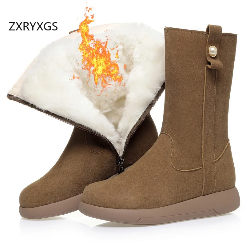 

ZXRYXGS 2025 Новые ботинки из матовой воловьей кожи с верхним слоем, туфли на плоской подошве, зимние элегантные модные шерстяные ботинки, теплая обувь, женские зимние сапоги
