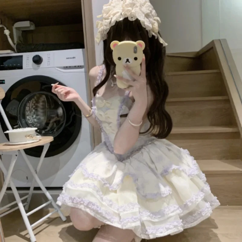 Sukienki Lolita z Kokardą i Kwiatami Y2K Gorset Fairycore Koronka JK Fioletowe Bez Rękawów Vintage Księżniczka Cosplay Strój Dziewczęce Sukienki w Kształcie Litery A Nowe