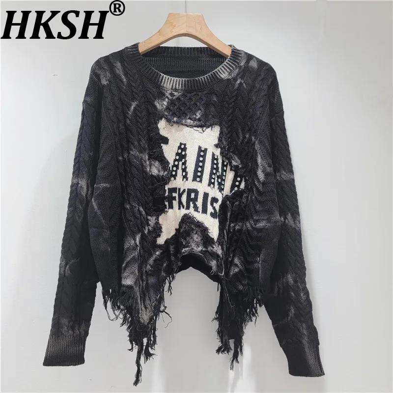 

HKSH Sweater For Women Autumn Winter New O-neck Pullover Spliced Contrast Color Diamond Asymmetrical Streetwear Ins Tops HK10872