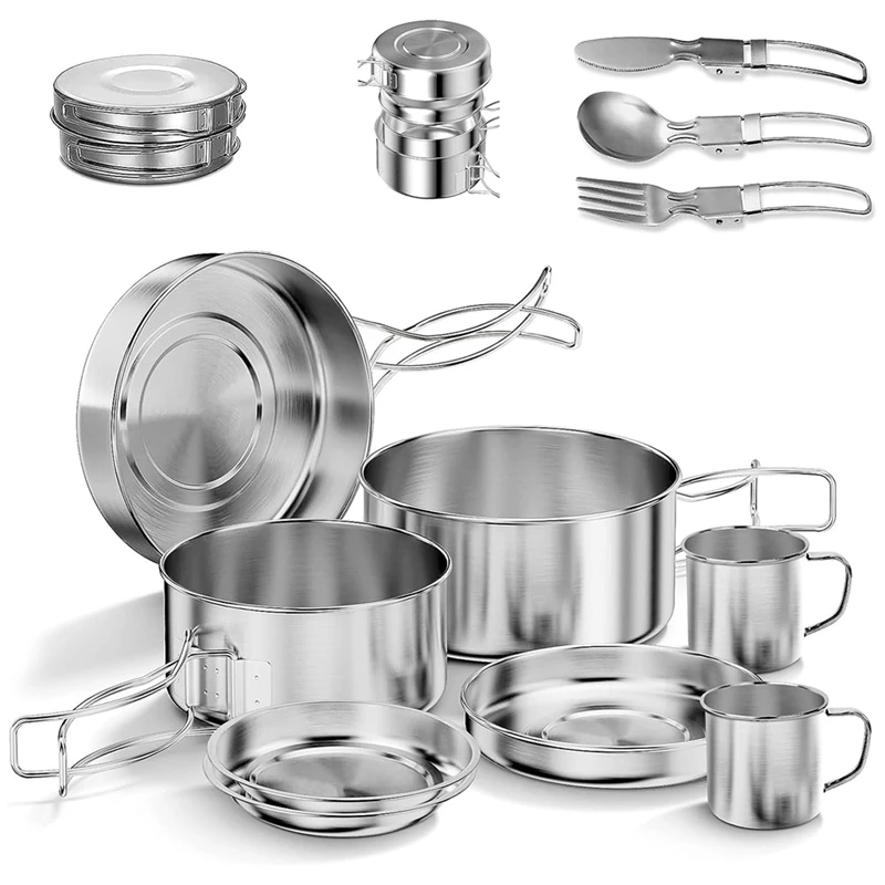 

Camping Cookware Set Silver Stainless Steel Camping Pot Portable Outdoor Tableware Set Foldable And Stackable Pot Set