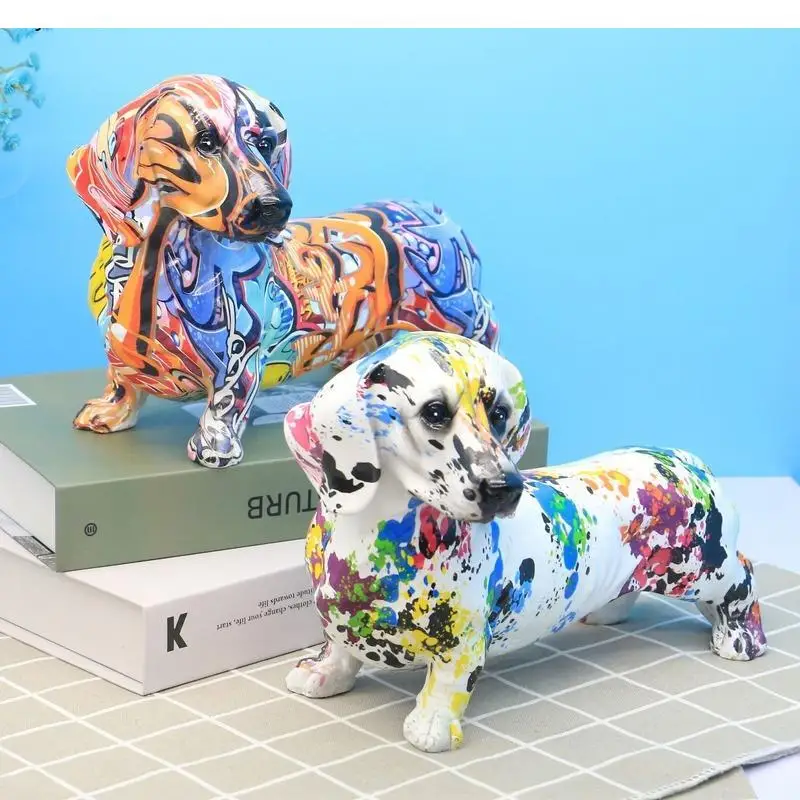 Imagem -03 - Estátua Padrão Colorido do Cão Dachshund Artesanato Resina Escultura Animal Home Desktop Acessórios