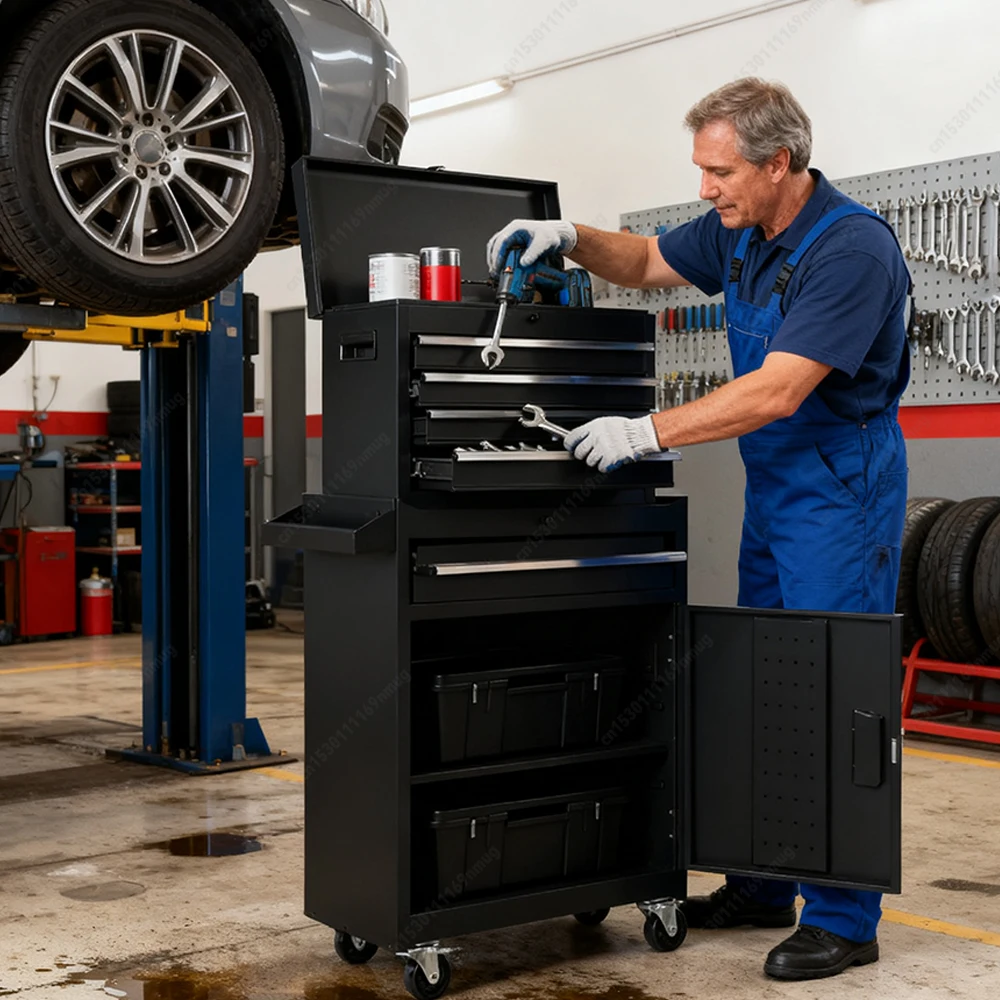 

Mechanic Tool Storage Box with Double Door & Wheels Parts Storage Cabinets Wear Resist Metal Tool Cart for Factory Warehouse Use
