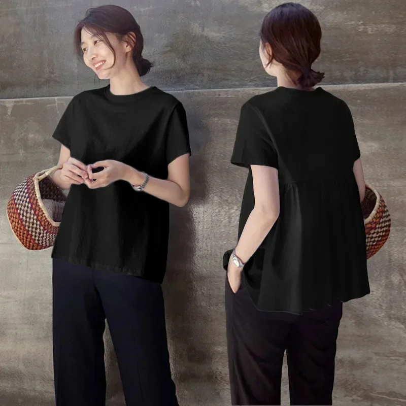 Komiyama 2024 Summer Chic Back Pleated Y2k Tops Loose O Neck Tees Fashion Casual T Shirt Japanese Solid All Match Ropa Mujer