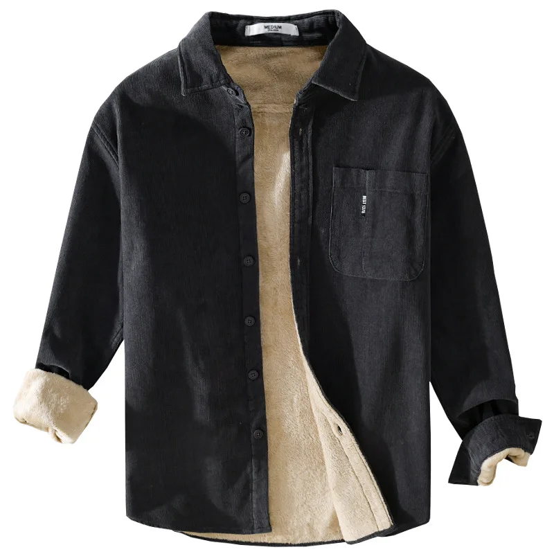 Thickened Fleece Corduroy Long Sleeve Shirt Men's Autumn Winter Warm Retro Trendy Casual Coat Button down Classic Collar Open...