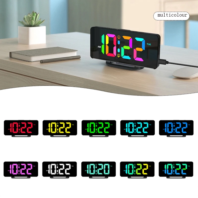 Digital Alarm Clock Desk/Wall Dimmable Electronic Clock with RGB Atmosphere Night Light Rainbow Time USB Charger Week Display