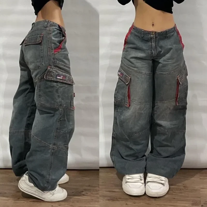 Jeans de skate vintage enrugado no pescoço, jeans de rua antigos, lavagem Y2K Harajuku, bolsos múltiplos, jeans largos azuis, anos 90