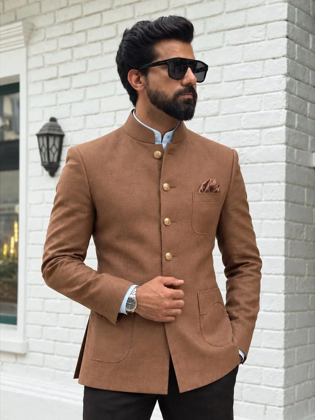 Men Mandarin Collar 2 Piece Suit Brown Bandhgala Blazer With Trousers Gold Button Slim Fit Formal Official Daily Customized