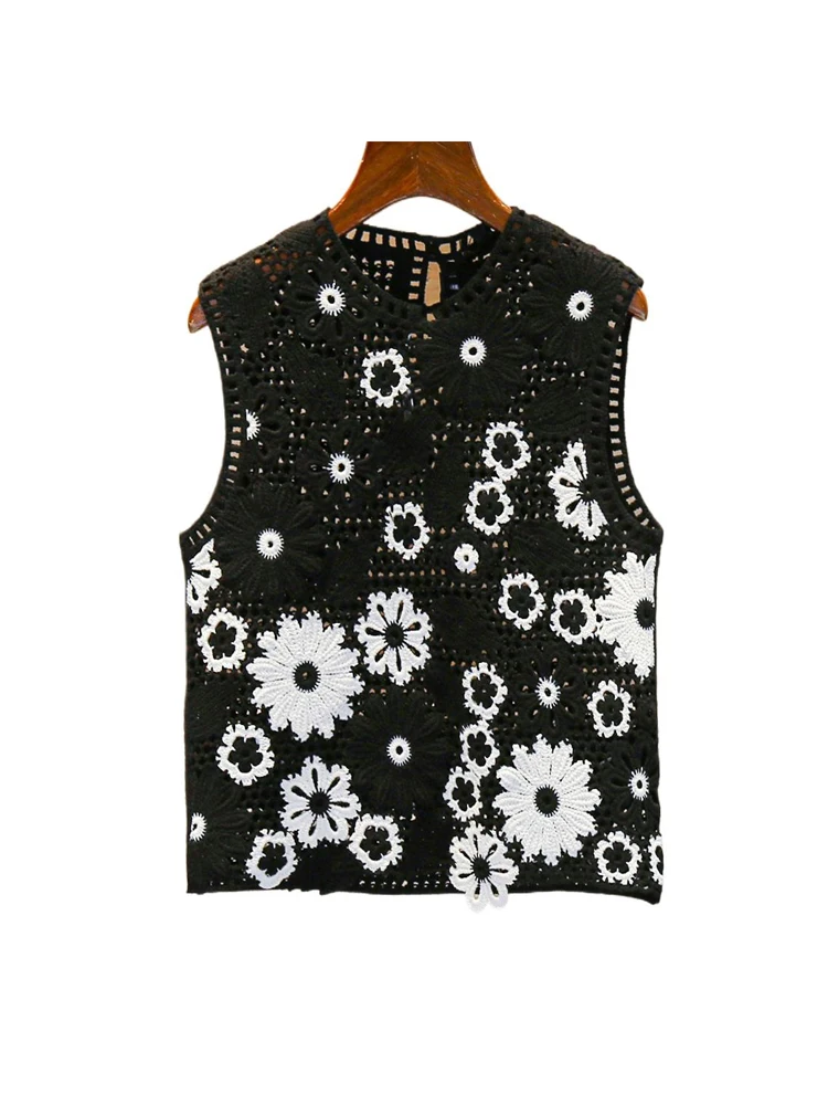 M Home Nan You High End Donna Estate 2025 Gilet lavorato a maglia cavo ricamato Top Semplice Sle rotondo Ne ort Lunghezza Svel
