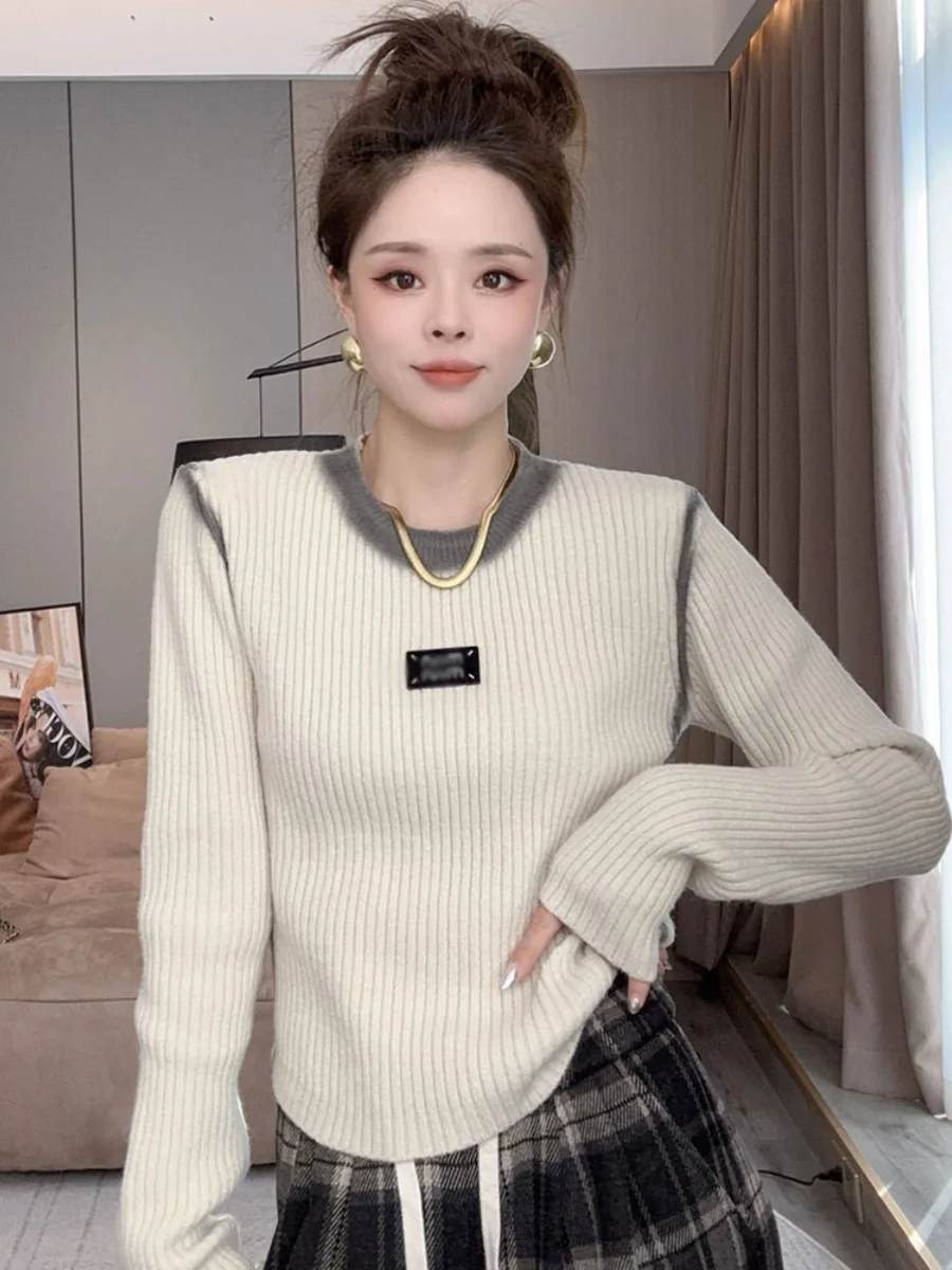 

Korean Sle Slim Fit round Ne Knitted Sweater Women's Faionable Printed Base irt Top for Autumn Winter New Arrival