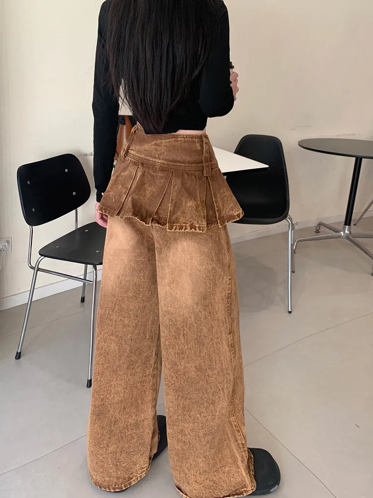 2026 Cyber Y2K Streetwear Vintage Braune Baggy Stacked Jeans für Damen – Weite Bein Denim-Hose Pantalon Femme – Detail 5