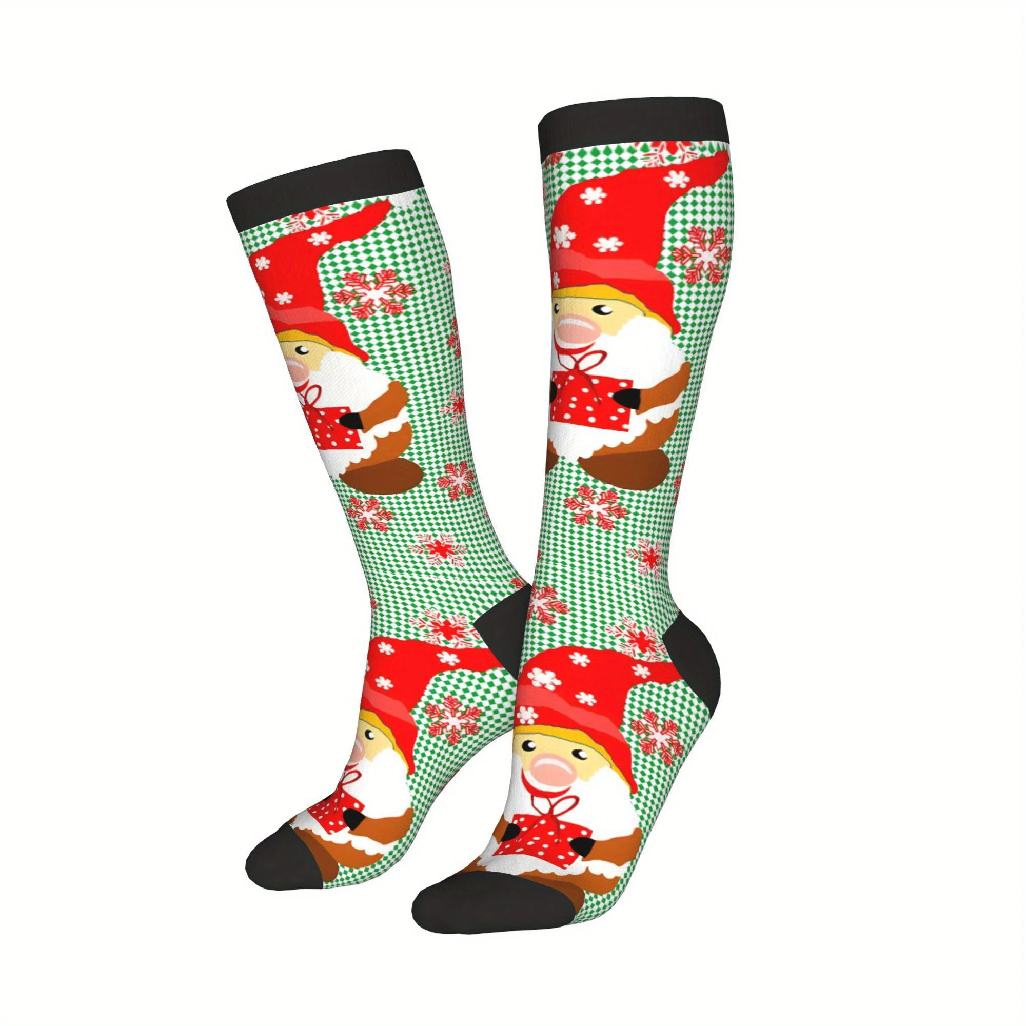 Funky Gnome Christmas Plaid Compression Socks, Seamless Novelty Crew Design with Vibrant Prints, for Christmas Autumn Winter