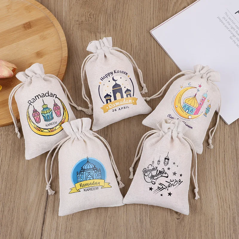 5Pcs Eid Mubarak Candy Bags Ramadan Decoration Jewelry Cookies Gifts Packing Drawstring Bag For Islamic Muslim Party Supply Gift