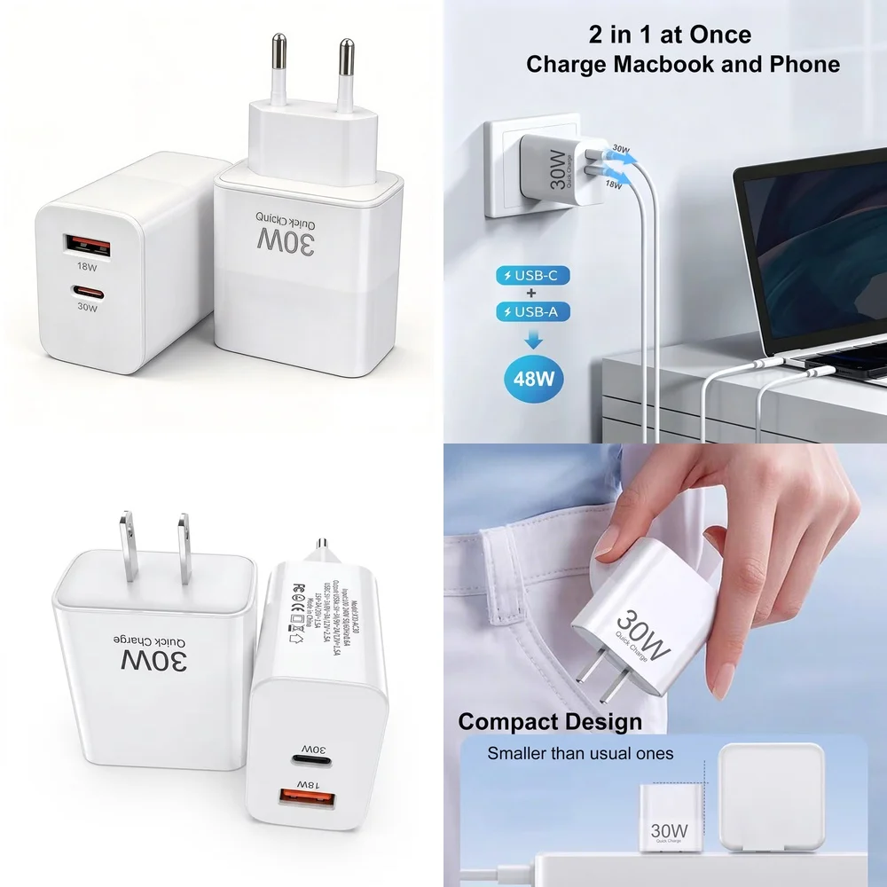 30W USB C Wall Charger Stable US EU Plug Dual Port Charging Block for iPhone 17 16 15 Pro Max Samsung Galaxy S26 S25 S24 Xiaomi