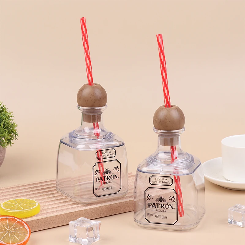 1Pcs 375ml Mini Tequila Bottles Acrylic Reusable Cups With Straw Hole Small Patron Bottles Empty For Drinking