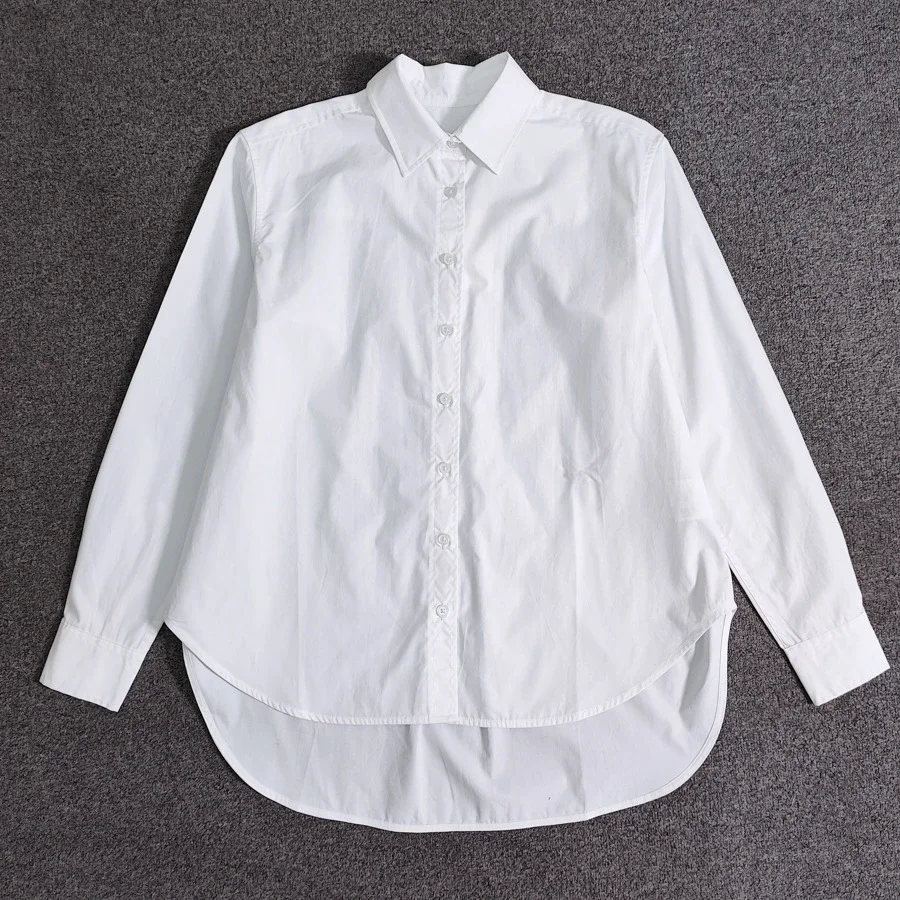 Spring and Summer Casual Tops Loose Lapel Long Sleeve A-Line White Shirt for Women