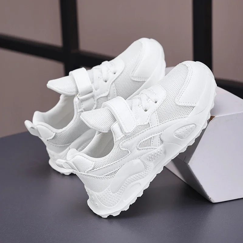 

White Children's Leather Casual Shoes Boys Girls School Walking Shoes Outdoor Sports Running Sneakers Breathable Kids Shoes