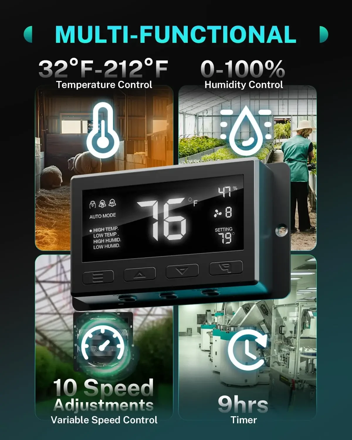 12 Inch Attic Fan with Thermostat, 971 CFM Shutter Exhaust Fan with Smart Temperature Humidity Controller, Wall Mounted