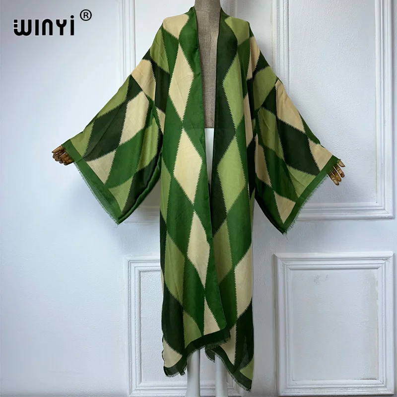 WINYI kimono nadruk geometryczny osłona do bikini elegancki strój plażowy dla kobiet seksowna bawełniana sukienka westidos para mujer kaftan