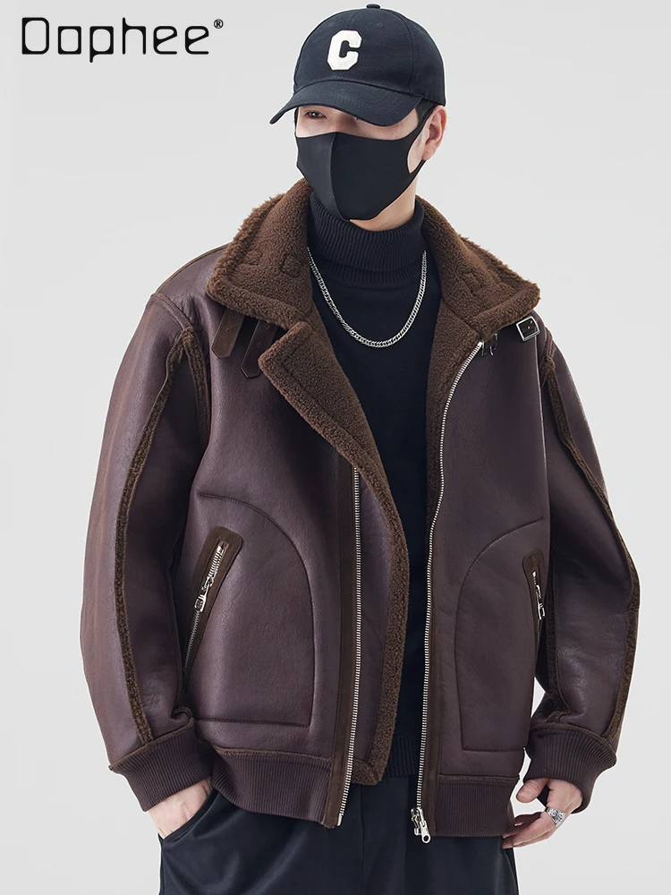 

Winter New Men's Thickened Motorcycle Black Jacket Loose Casual Turn-Down Collar Coffee Color Reversible Lamb Wool Coat