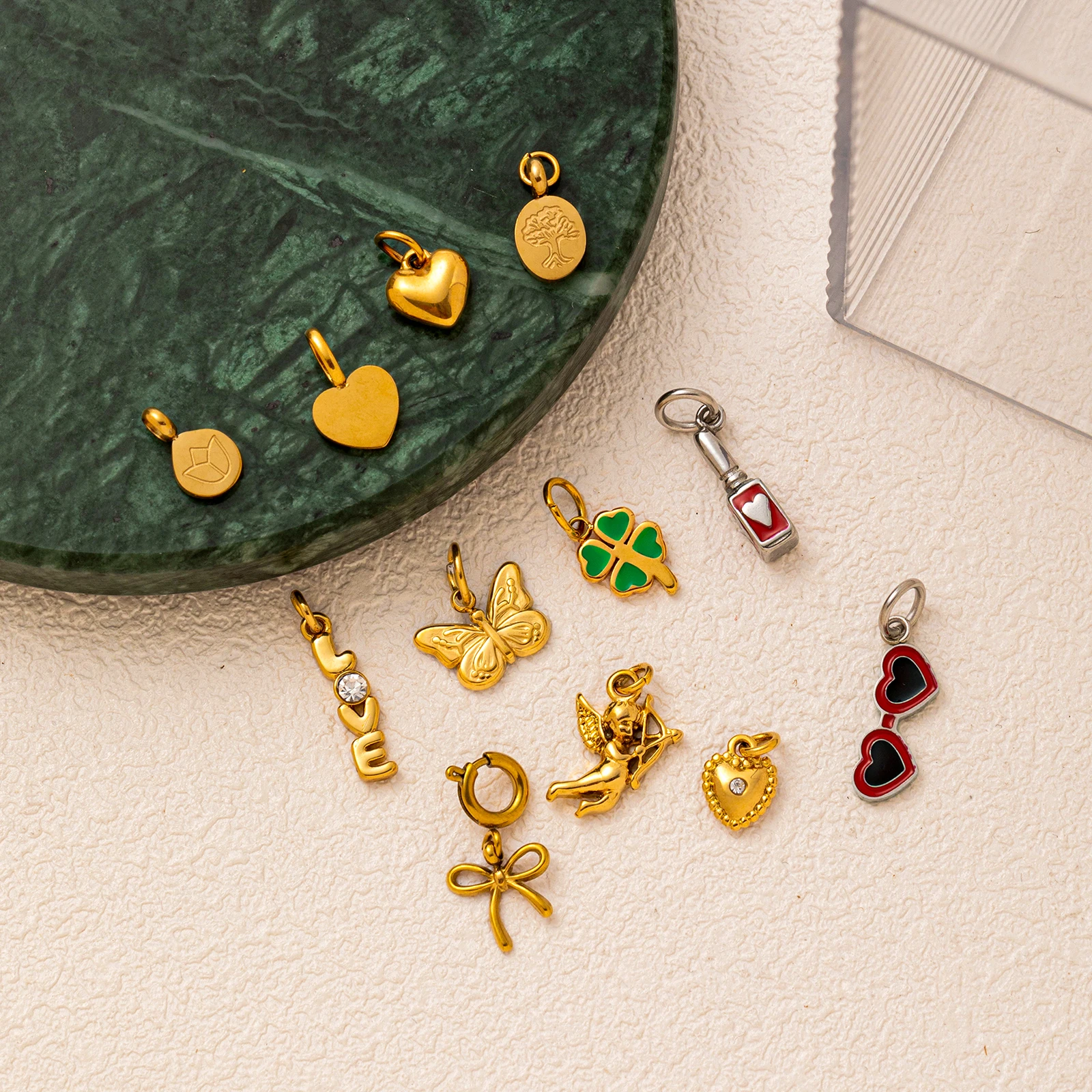 

18K Gold Plated Stainless Steel Charms Bulk, Cute Heart Angel Butterfly Clover Tree Pendants for DIY Jewelry Making