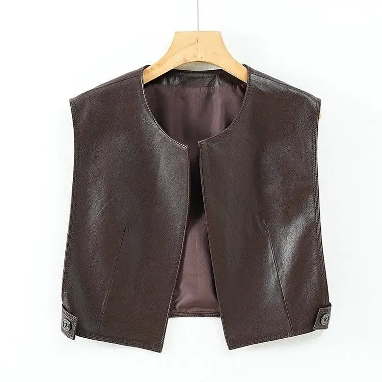 Café Brown PU Leather Short Jacket Women's round Neck Casual Loose Biker Style Artistic Leisure Tank Top Trendy Outerwear