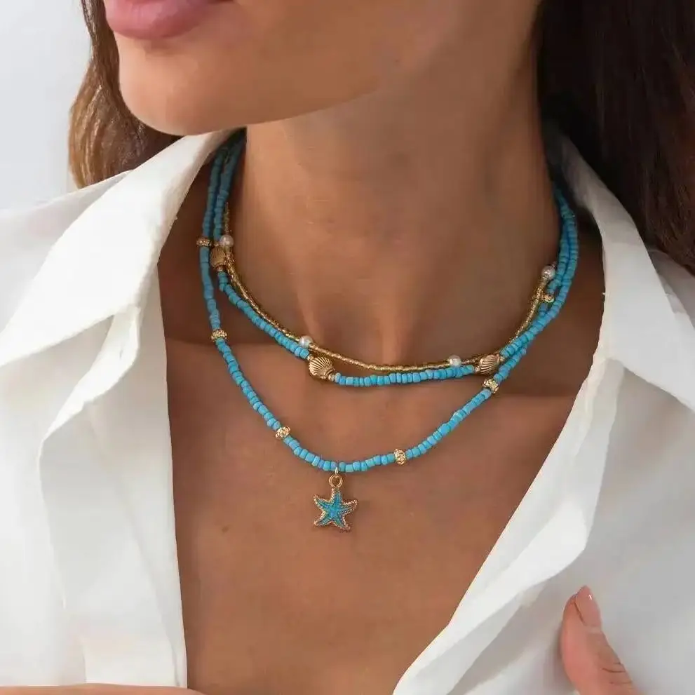 

Lacteo Romantic Exquisite Handmade Bead Starfish Scallop Pendant Necklace Fashion Elegant Rice Beads Necklace Y2K Charm Jewelry