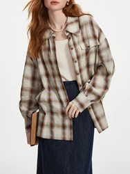 FSLE Women Plaid Sets Brown Long Sleeve Blouse Zipper Waist Long Asymmetric Skirt 100% Cotton Female Shirt 24FS13307+24FS13305