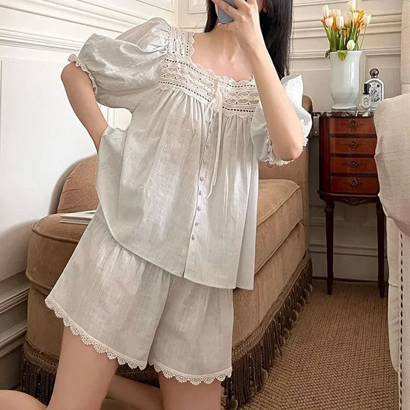 Princess Vintage Short Sleeves Cotton Pajama Sets Sweet Lace Square Collar Two-Pieces Sleepwear Summer Breathable Loose Pyjamas