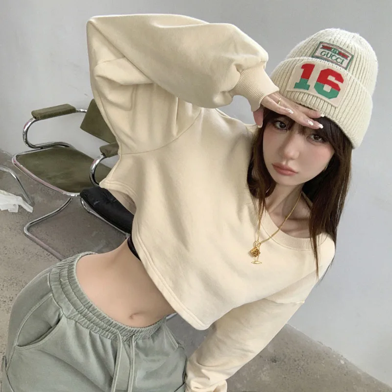 

Womens Basic Short Sweatshirts Sets Cotton Street Style O Neck 2023 Spring Autumn Hot Casual Pullovers Tops