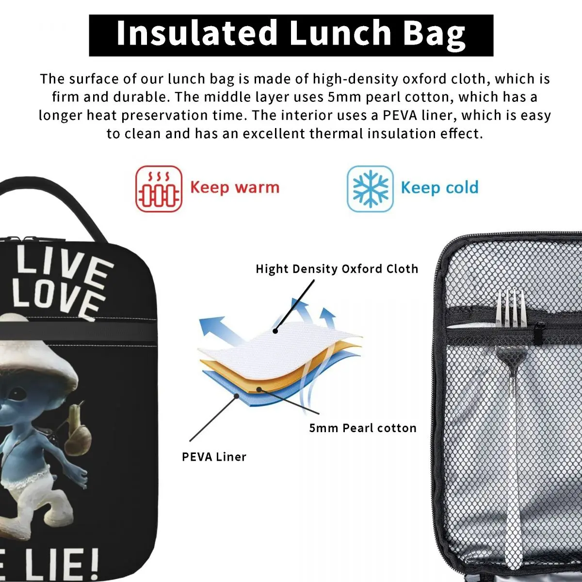 We Live We Love We Lie Thermal Insulated Lunch Bag for School Cat Mushroom Meme Bento Box Men Women Cooler Thermal Lunch Boxes