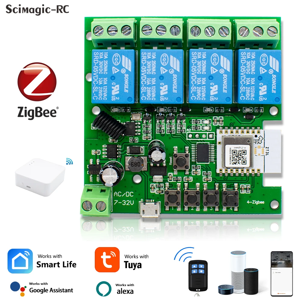Zigbee 4-канальный интеллектуальный модуль автоматизации 4-канальный интеллектуальный переключатель 220 В 12 В 24 В 10 А реле работает с приложением Alexa Google Assistant Tuya