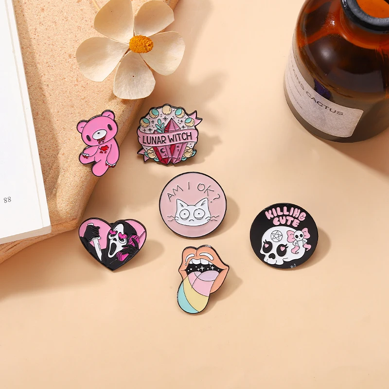 Pink Punk Enamel Pins Custom Witch Bear Tongue Ghost Call Brooches Lapel Badges Gothic Halloween Jewelry Gift for Friends