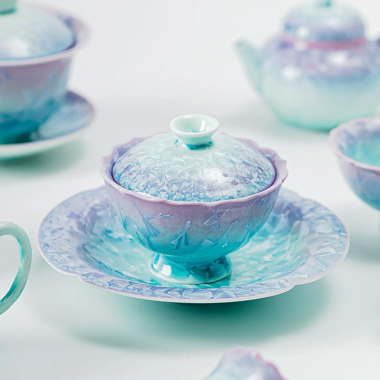 Nianshu kiln-changed crystal glaze purple blue ice flower ceramic tea set cover bowl teapot teacup cup kung fu tea set tea maker