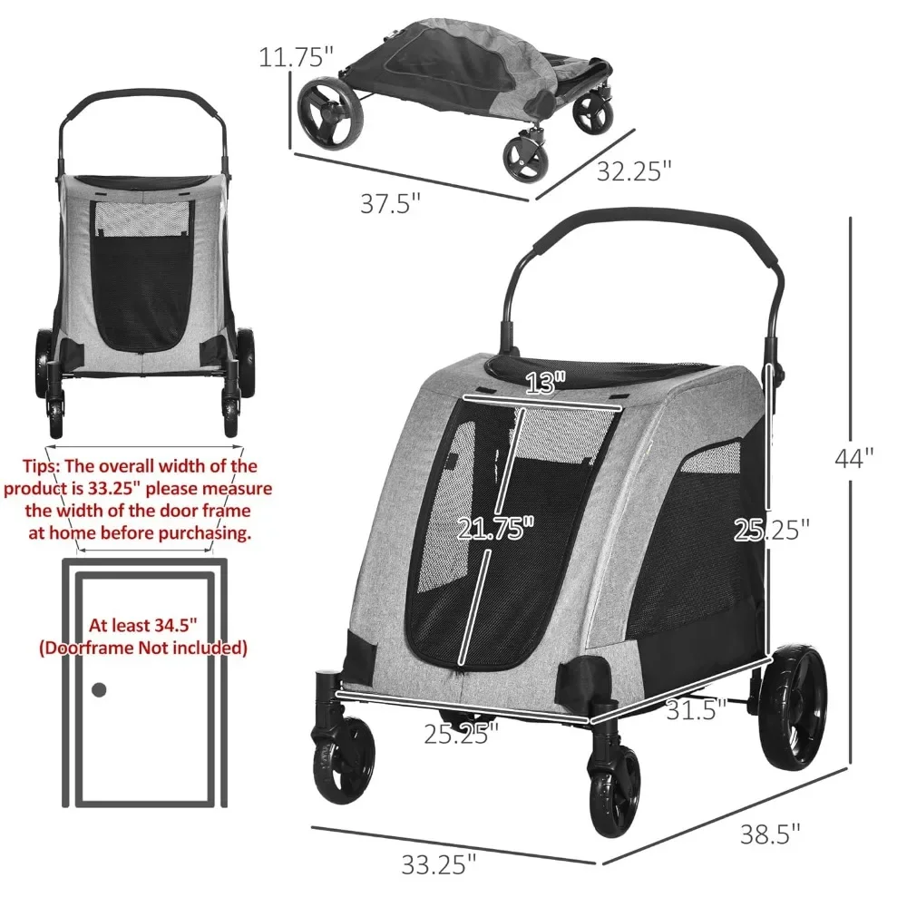 Pet Cart, Suitable for Medium-Sized Dog Carts, 4-Wheel Folding Pet Cat Cart, with Wheel Storage Basket and Seat Belt, Pet Cart