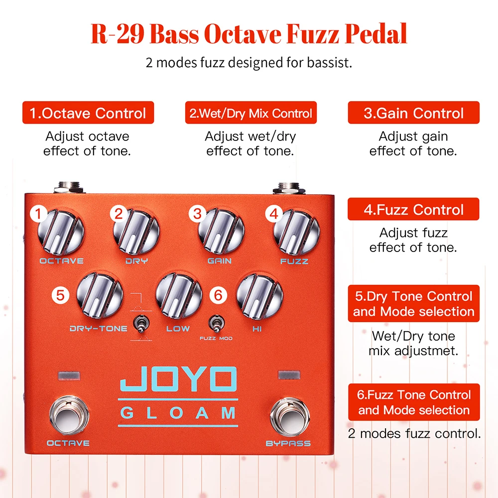 JOYO R-29 GLOAM Octave Fuzz Effect Pedal High Gain Bass Guitar Pedal with Independent Knobs Deliver Deep Bass & Smooth Tone view 3