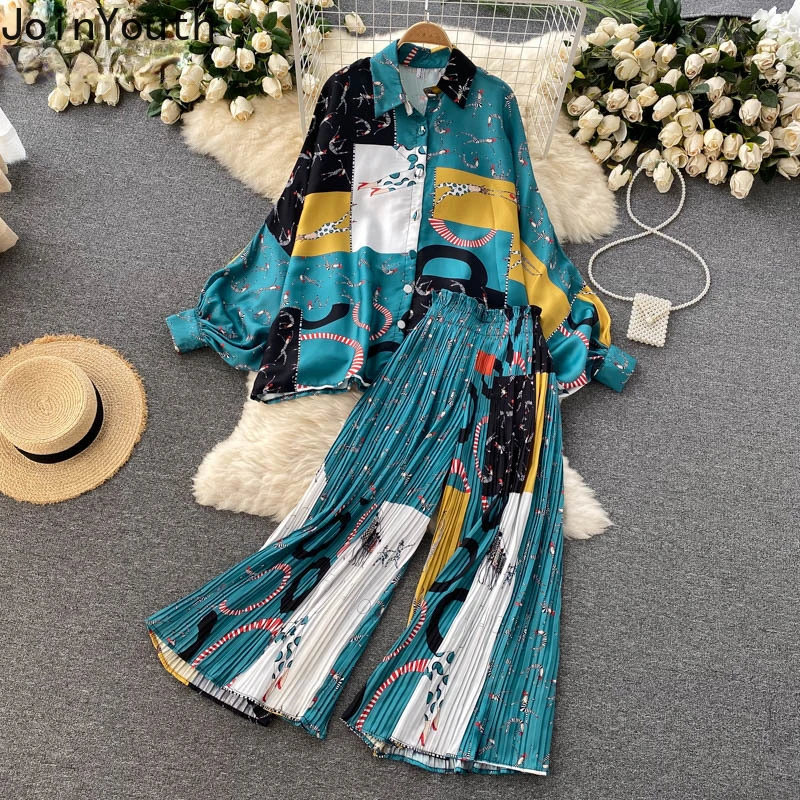 Summer Pant Suit Women Two Piece Sets Batwing Sleeve Oversized Shirt Tops + Loose Pleated Wide-leg Pants Outfits Roupas Femme