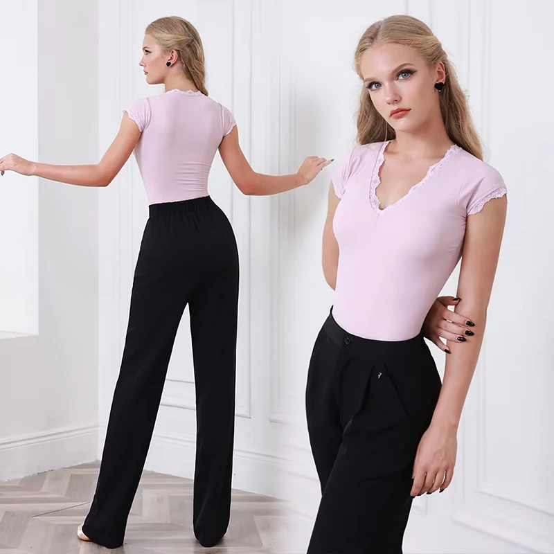 abiti-da-ballo-estivi-per-sala-da-ballo-abbigliamento-da-pratica-per-donna-costumi-di-danza-moderna-standard-body-rosa-pantaloni-da-ballo-neri-amy2441