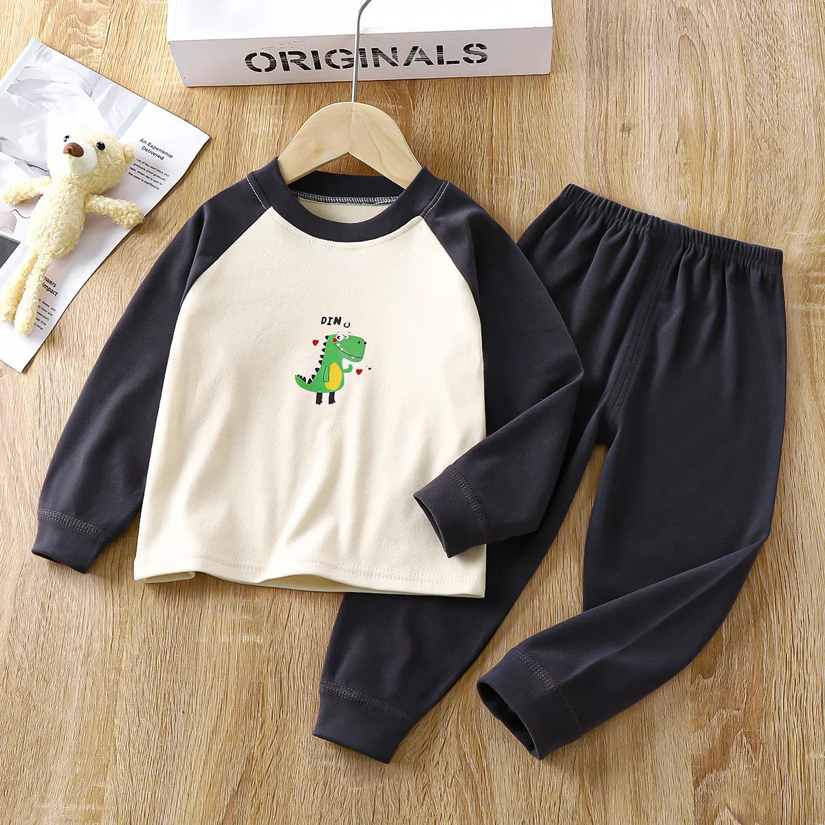 Pyjama chaud à col rond pour bébé garçon et fille, ensemble de sous-vêtements, t-shirt, long caleçon, dessin animé, animal, mignon, automne