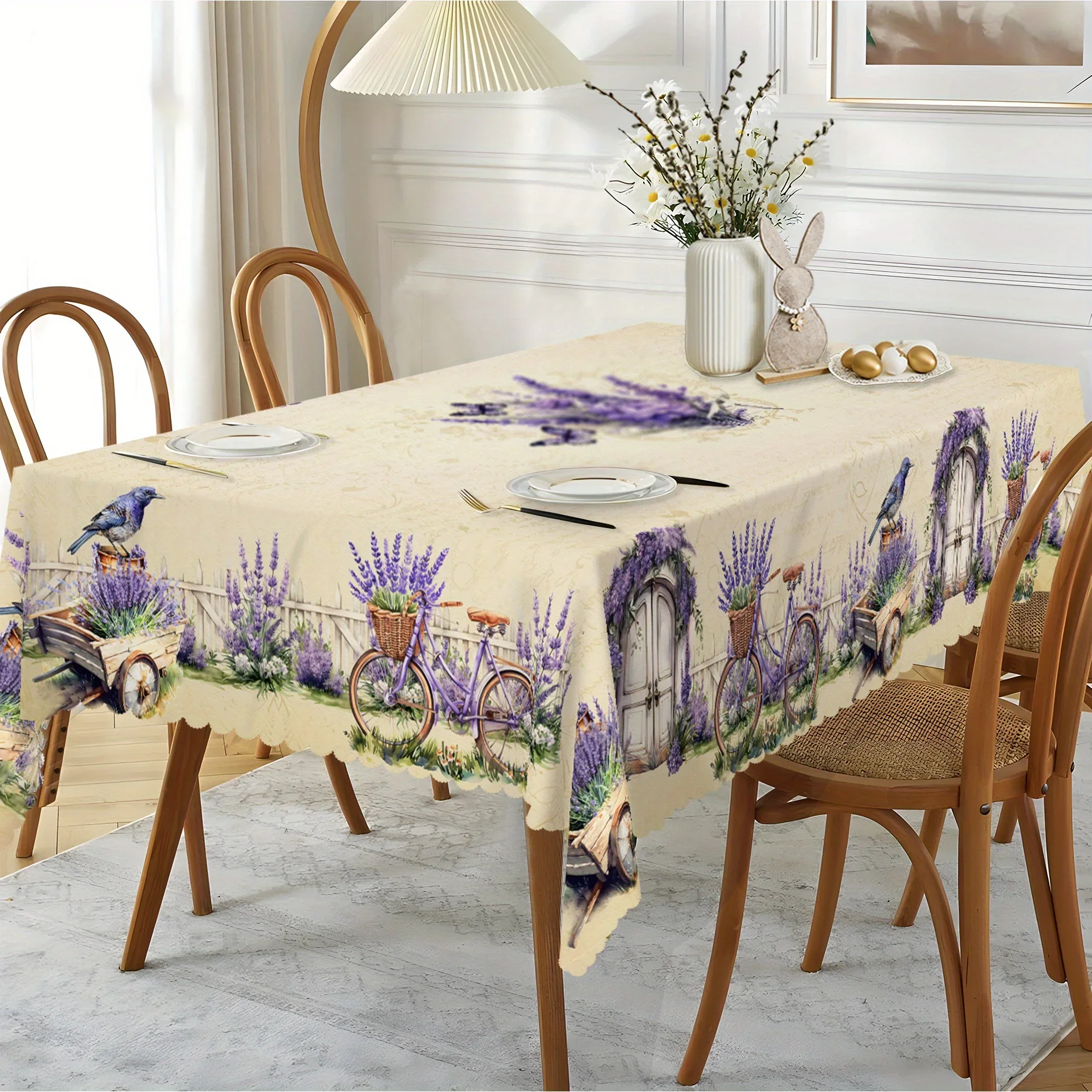 Attractive vintage tablecloth with lavender color, featuring purple flowers and bicycle garden design -xzj