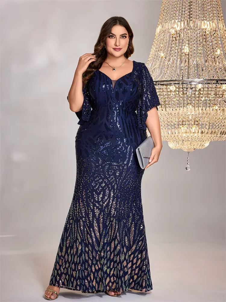 

Plus Size Elegant Flare Sleeve Sequin Evening Dress Women Floor Lenght Maxi Wedding Party Mermaid Prom Cocktail Dress