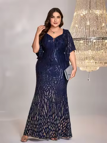 Plus Size Elegant Flare Sleeve Sequin Evening Dress Women Floor Lenght Maxi Wedding Party Mermaid Prom Cocktail Dress