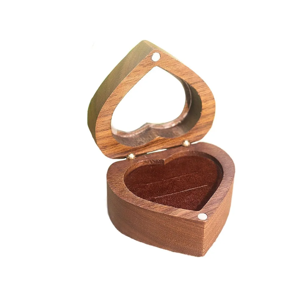 

2 Slots Heart Rings Holder Magnetic Cover Transparent Cover Walnut Wood Rings Box Storage Anti-collision Rings Bearer Box