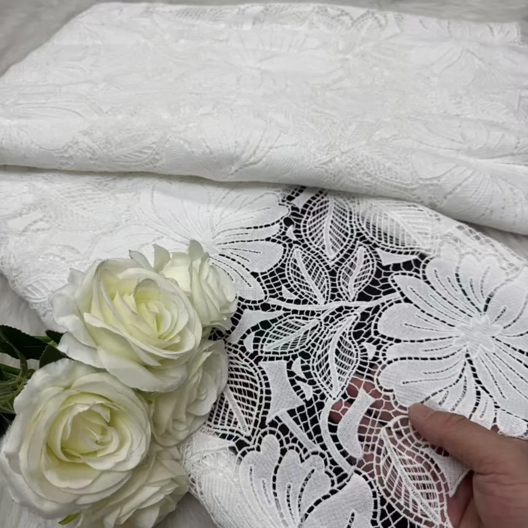 

White Lace Fabric High 5Yards Quality 2025 Latest White Guipure 2025 African Cord Lace Trim For Nigerian Wedding Dresses A1256-1