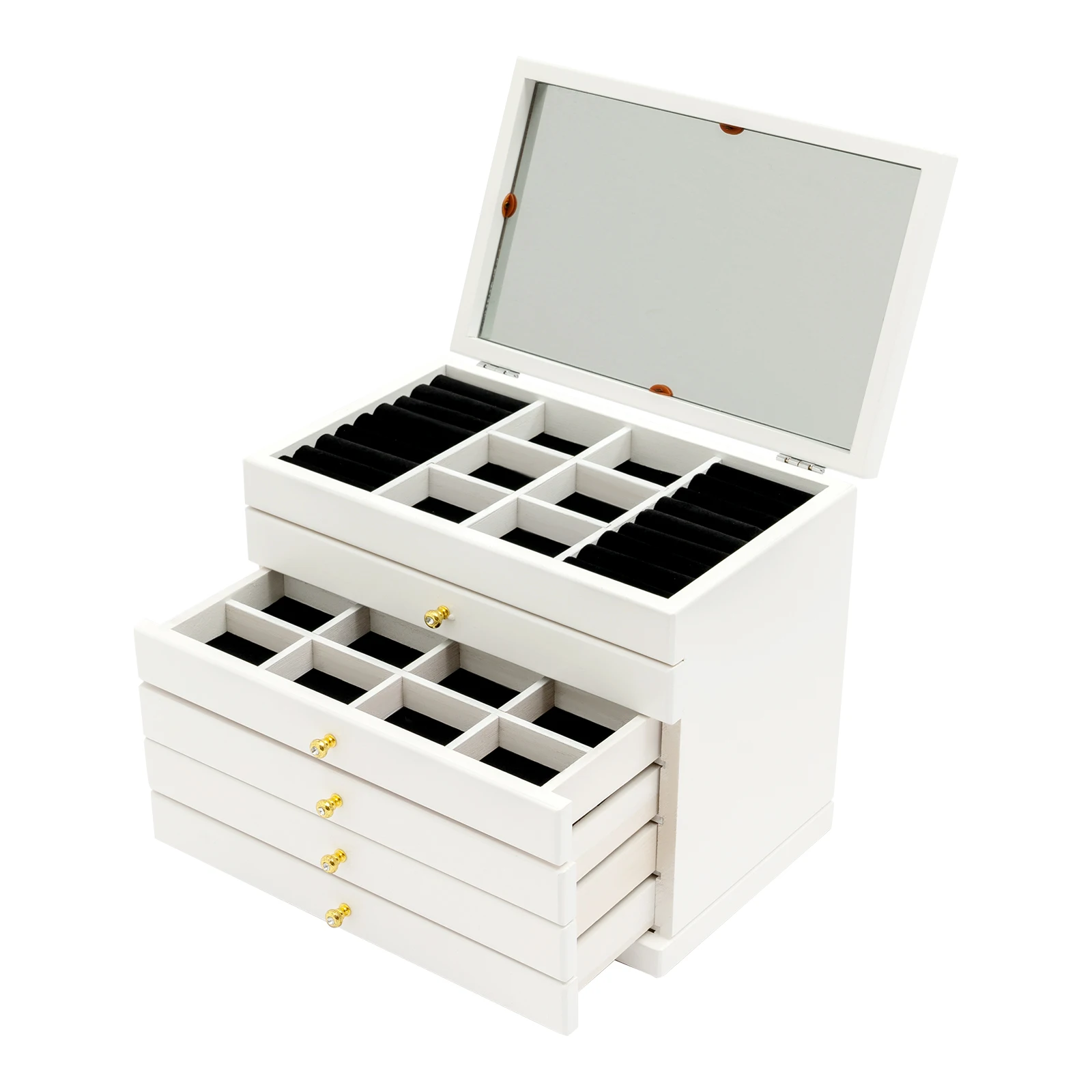 6-Schichtige Schmuck-Aufbewahrungsbox mit Spiegel, Kleeblatt-Gravur, Schmuck-Organizer, Weiß, Vintage-Stil, Aufbewahrungsbox für Ohrringe und Ringe – Detail 7