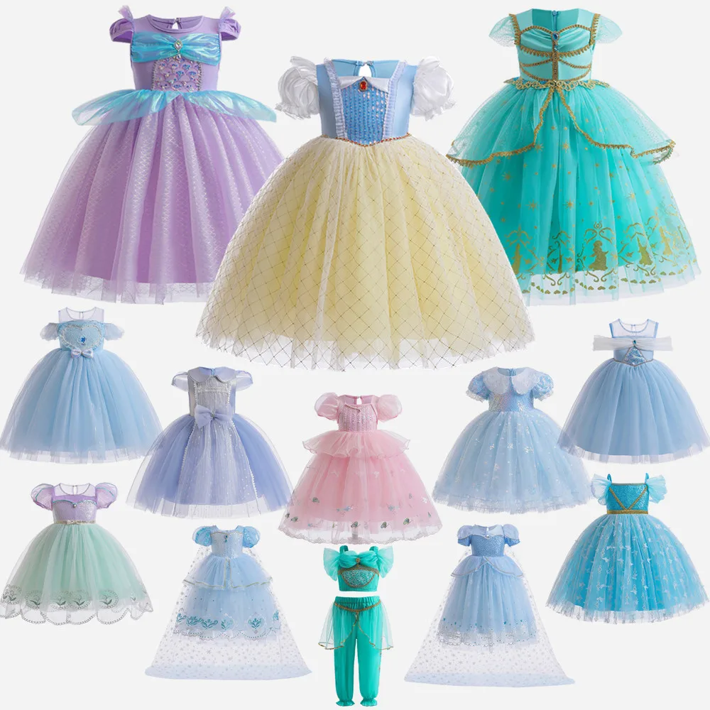 Girls Cinderella Mermaid Elsa Aurora Snow White Jasmine Clothing  Fancy Dress Carnival Party Princess Halloween Cosplay Costume