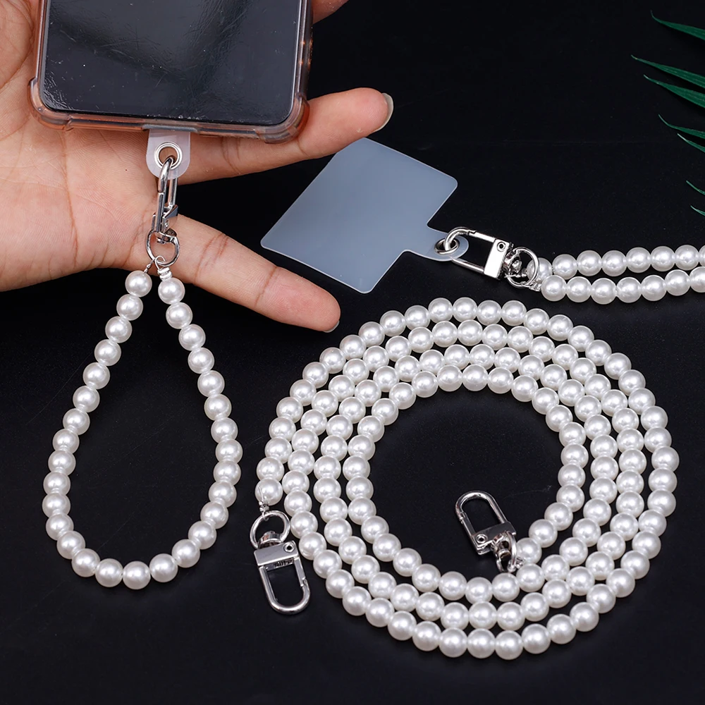 Universal Cell Phone Pearl Chain Anti Lost Phone Wrist Strap Necklace Chain Shoulder Crossbody Lanyard with Tether Patches