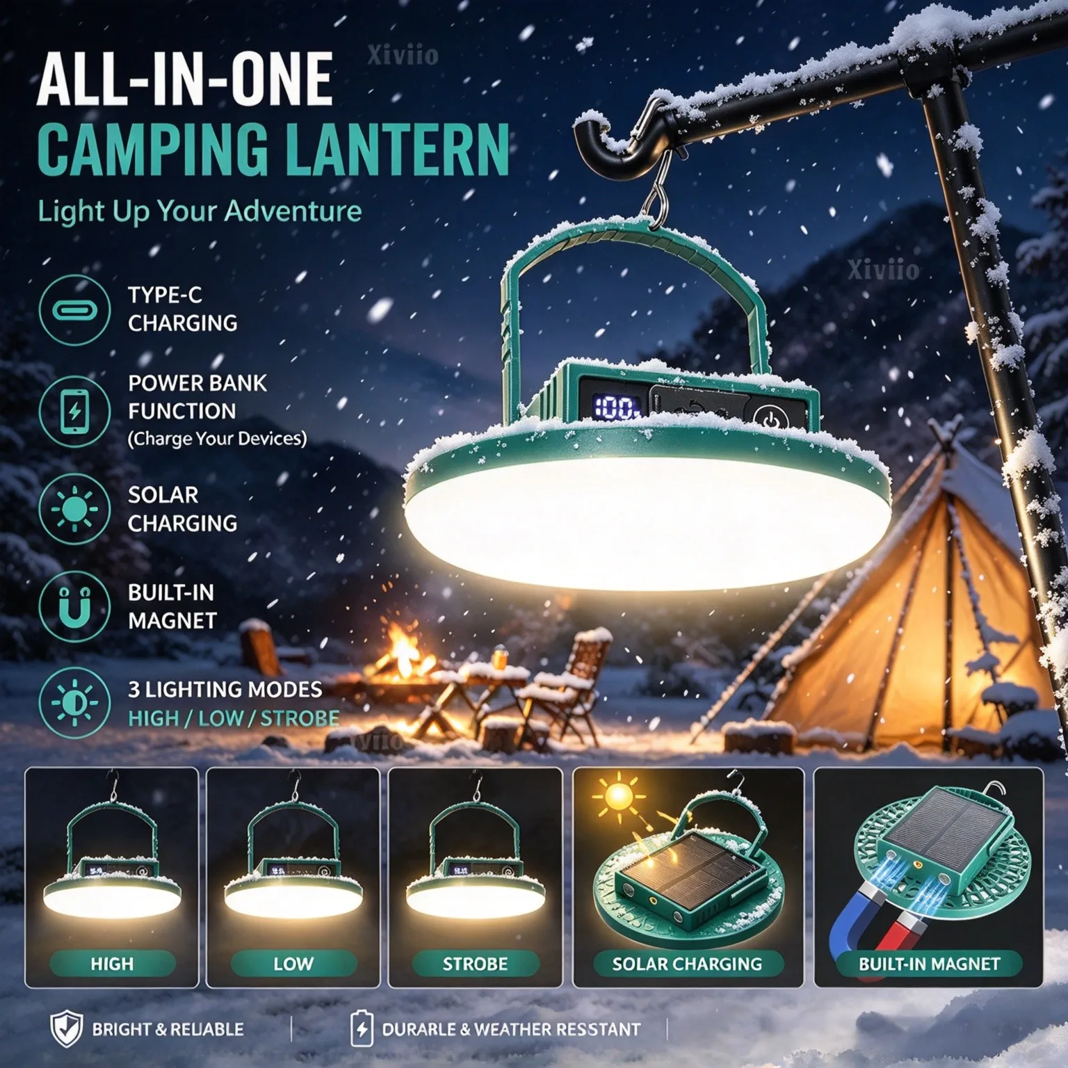 All-in-One Solar Camping Light Rechargeable Portable LED Tent Light Magnet Waterproof Hanging Light for Outdoor Emergency Campin